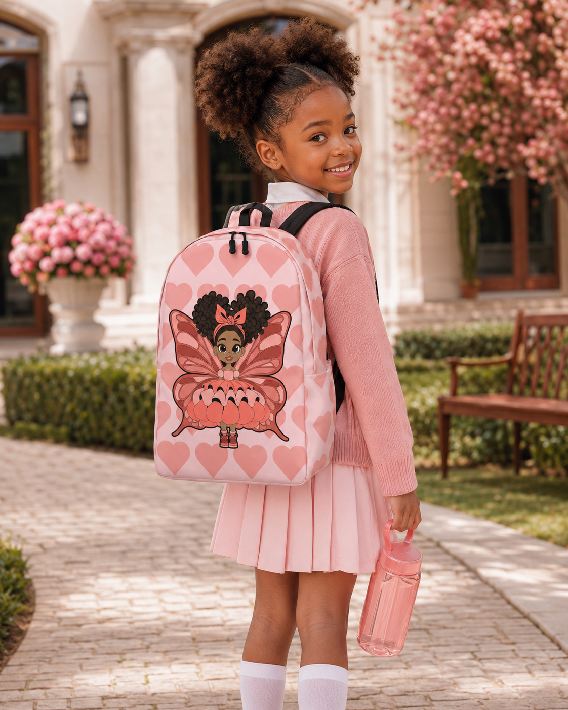 Coco Pixies Lovely Layla children’s backpack featuring a Black girl pixie and Coral Signature Heart Pattern