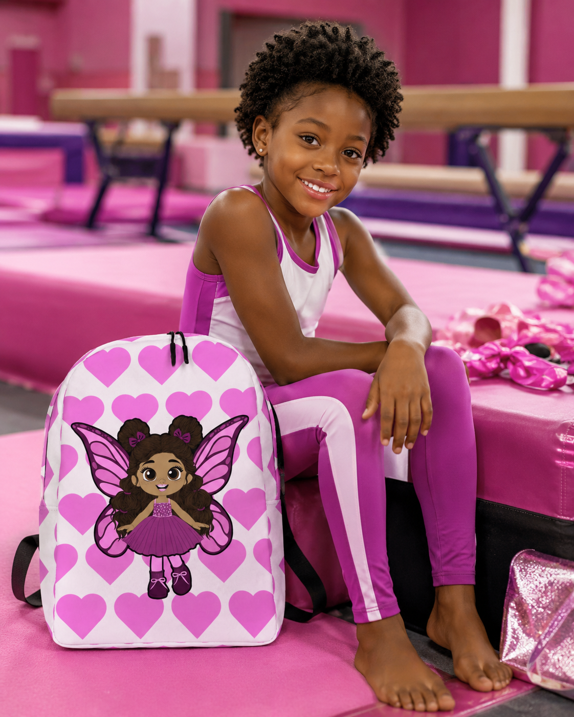Coco Pixies Fiona Flutter character backpack featuring curly puff buns, pink wings, and heart print