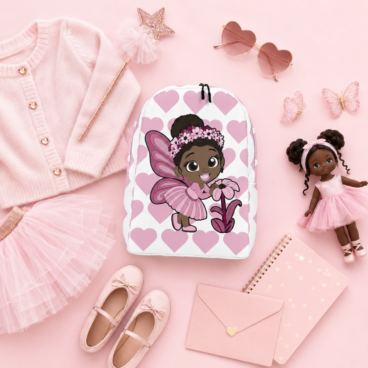 Coco Pixies Tara Twinkle backpack featuring a Black pixie, pink wings, flower crown and heart pattern