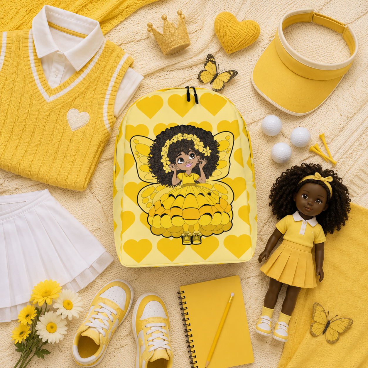 Blissful Brandie Pixie Backpack by Coco Pixies with golden yellow hearts, curly-haired Black girl pixie and yellow wings