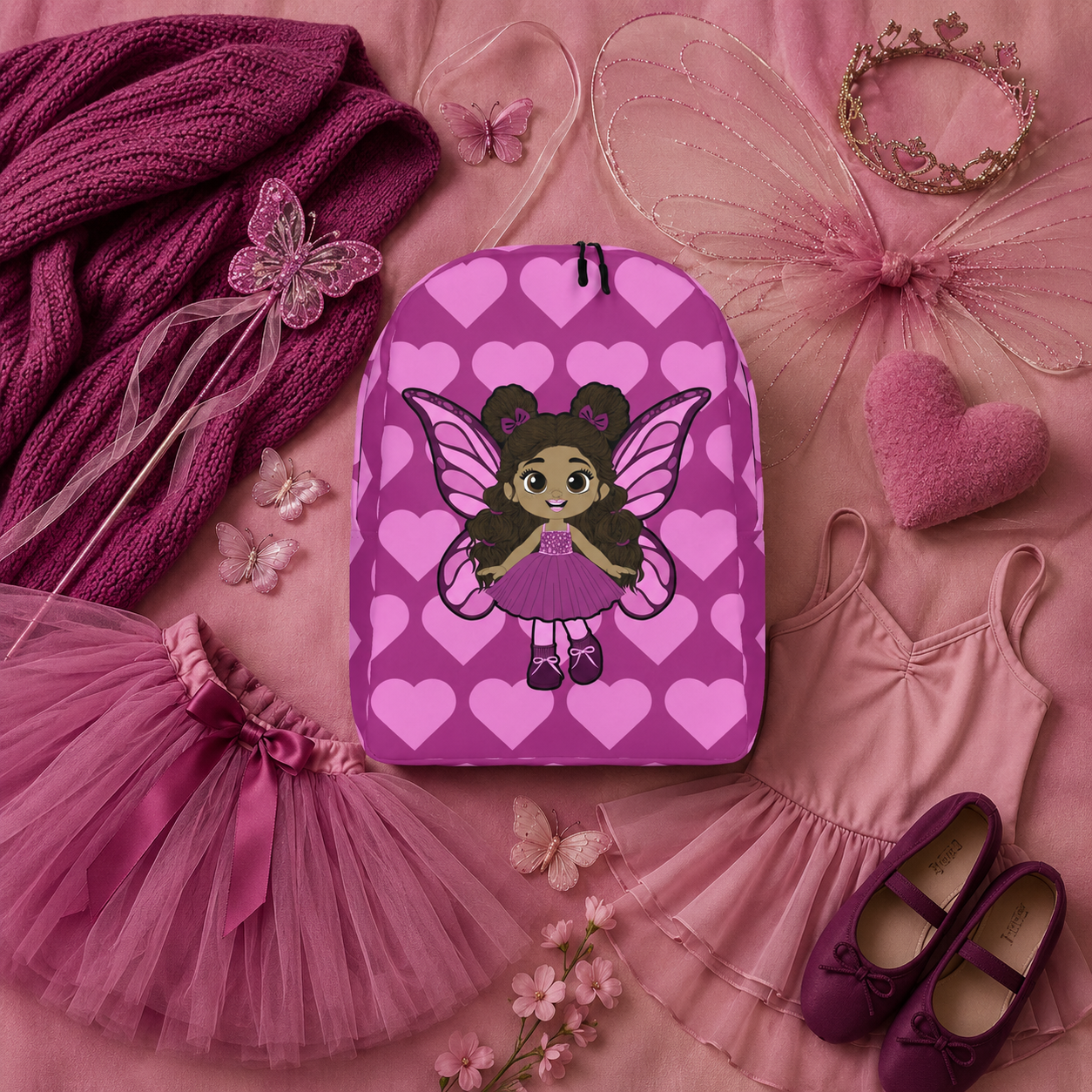 Coco Pixies Fiona Flutter magenta backpack featuring a Black girl pixie with curly hair and pink wings