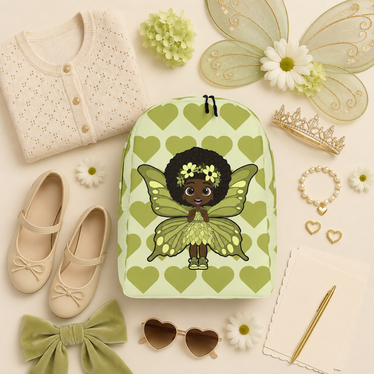 Cheerful Charlotte Pixie Backpack by Coco Pixies featuring a Black girl pixie with natural curls, soft green wings and a soft green signature heart pattern.