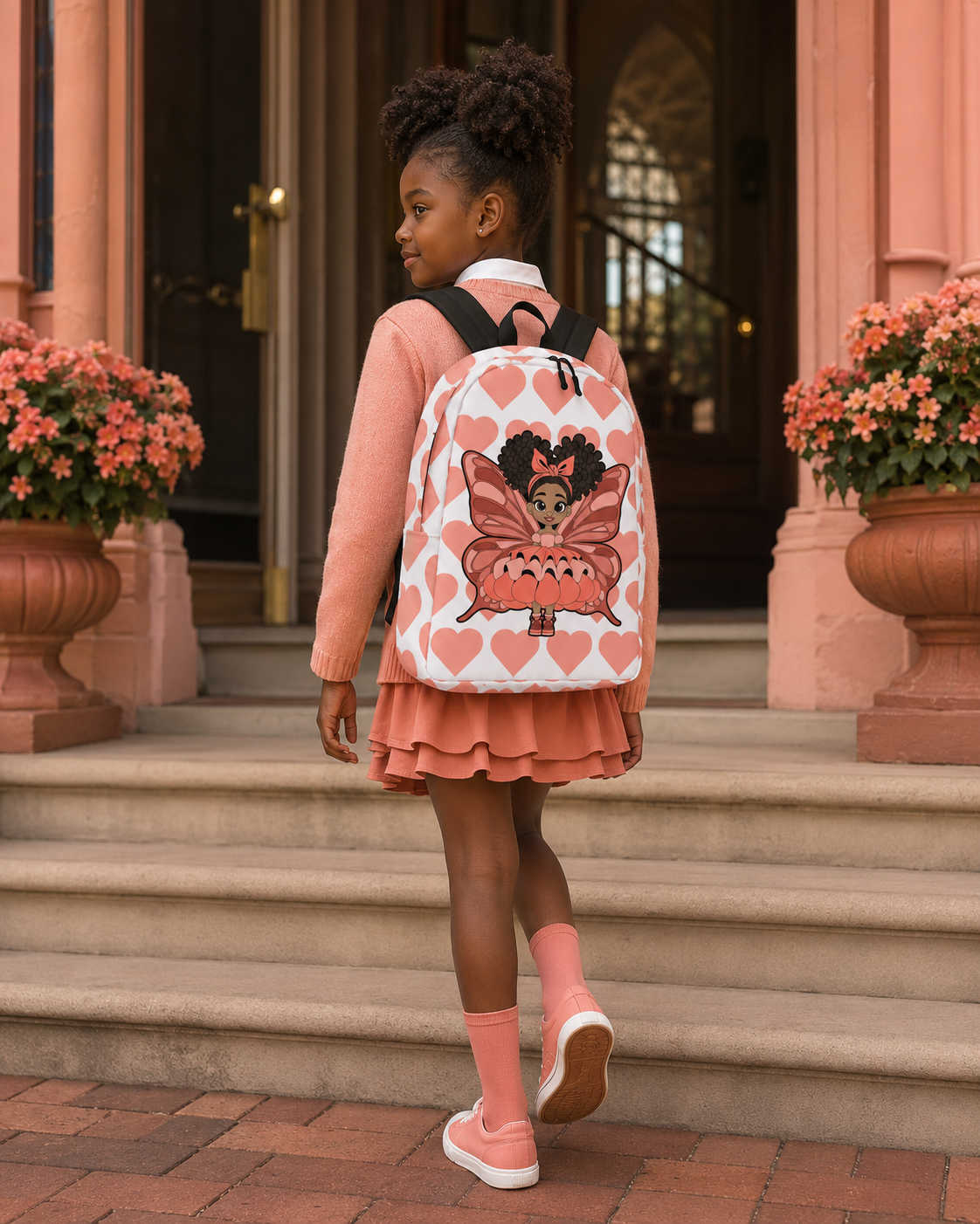 Coco Pixies Lovely Layla children’s backpack featuring a Black girl pixie and coral Signature Heart Pattern