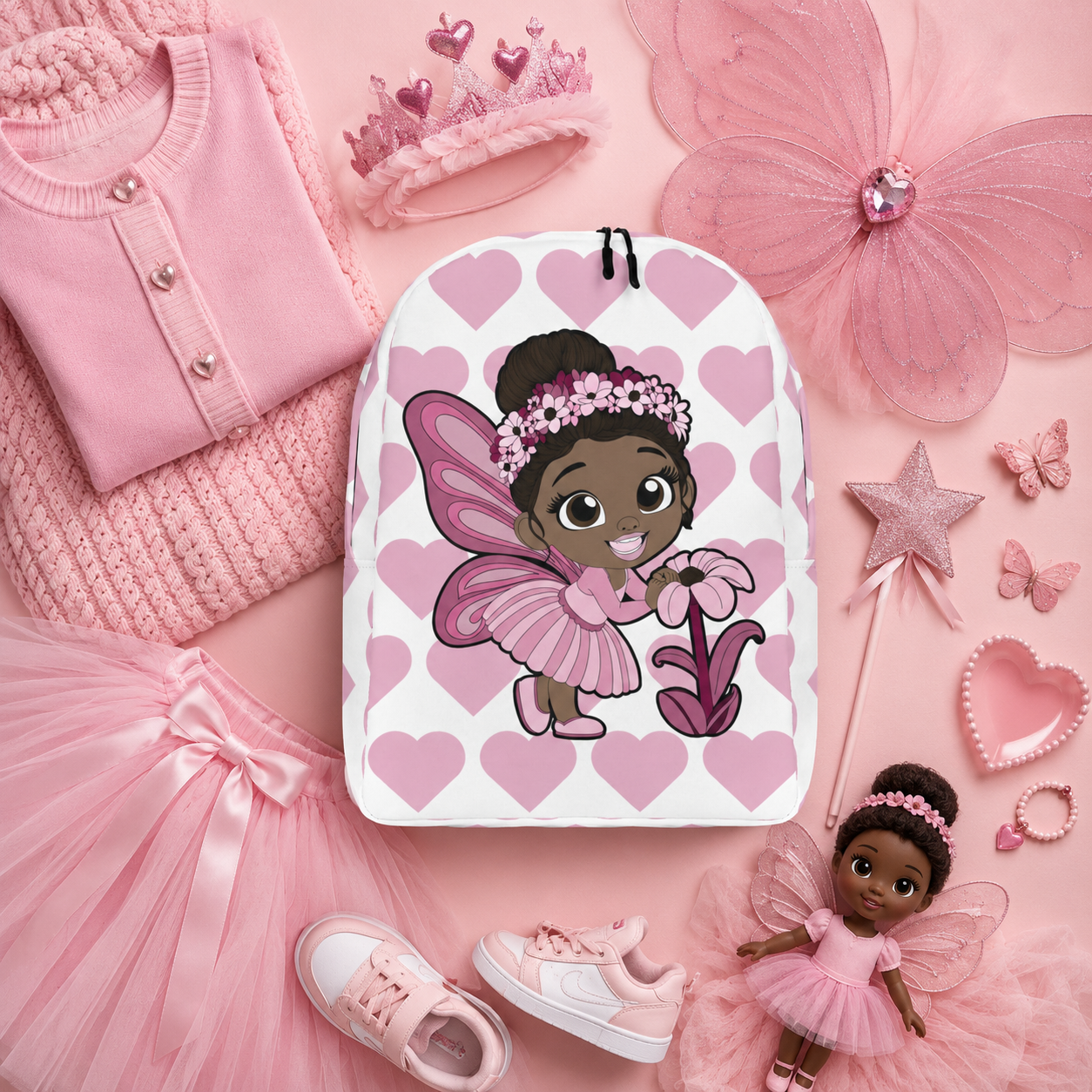 Coco Pixies Tara Twinkle backpack featuring a Black pixie, pink wings, flower crown and heart pattern