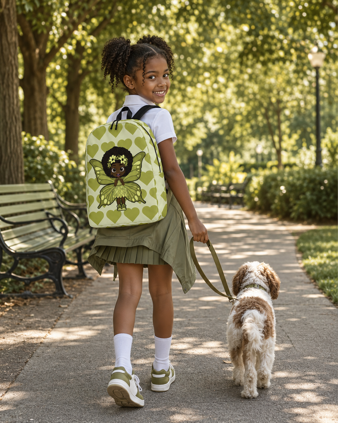 Cheerful Charlotte Pixie Backpack by Coco Pixies featuring a Black girl pixie with natural curls, soft green wings and a soft green signature heart pattern.