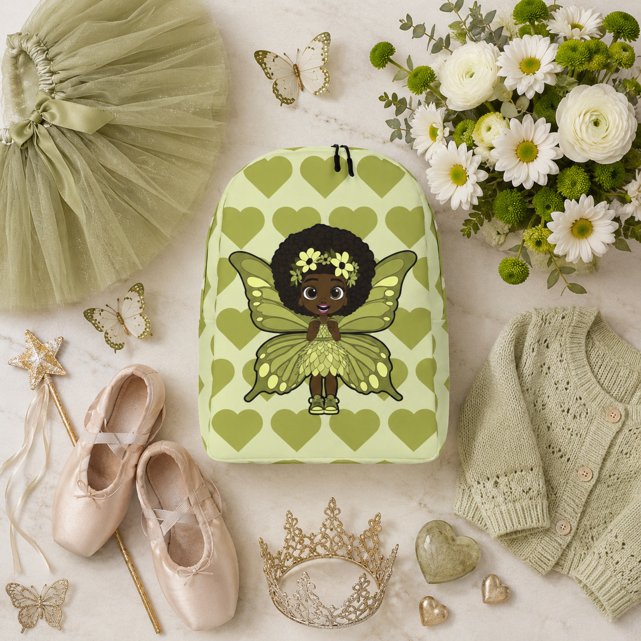 Cheerful Charlotte Pixie Backpack by Coco Pixies featuring a Black girl pixie with natural curls, soft green wings and a soft green signature heart pattern.