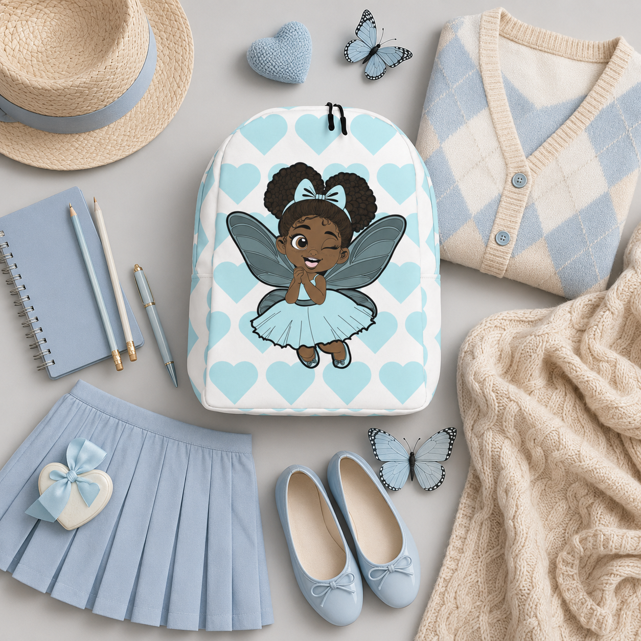Gleeful Grace Pixie Backpack by Coco Pixies with aqua hearts, afro puffs, wings, and a white background