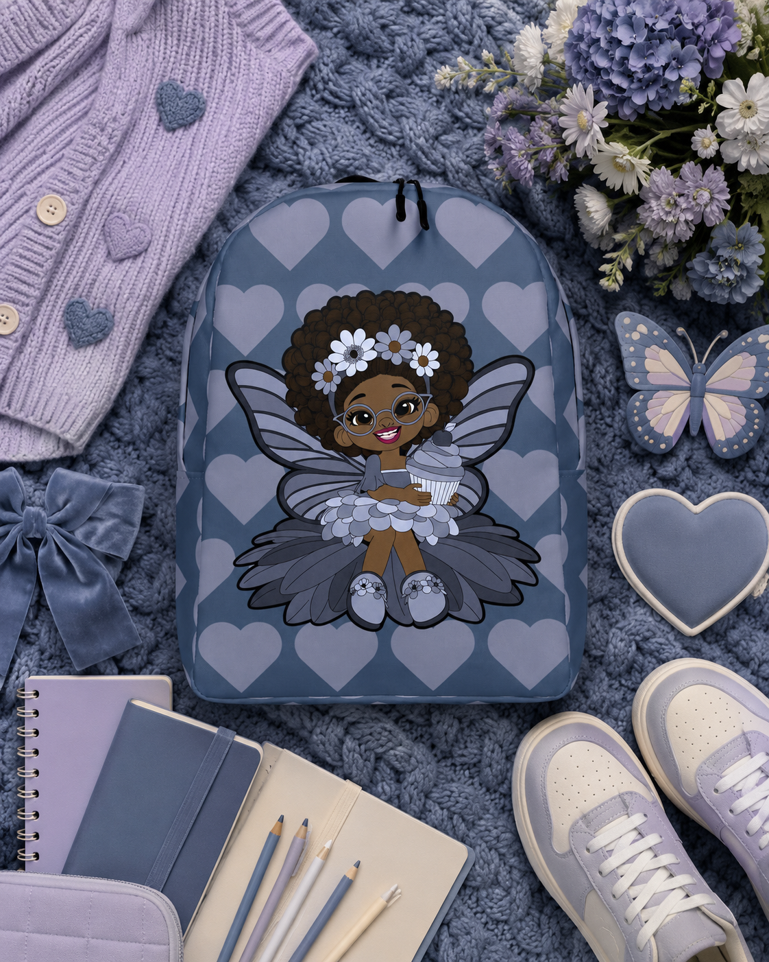 Bubbly Brooke Pixie Backpack by Coco Pixies in cool blue with Black girl pixie and signature heart pattern