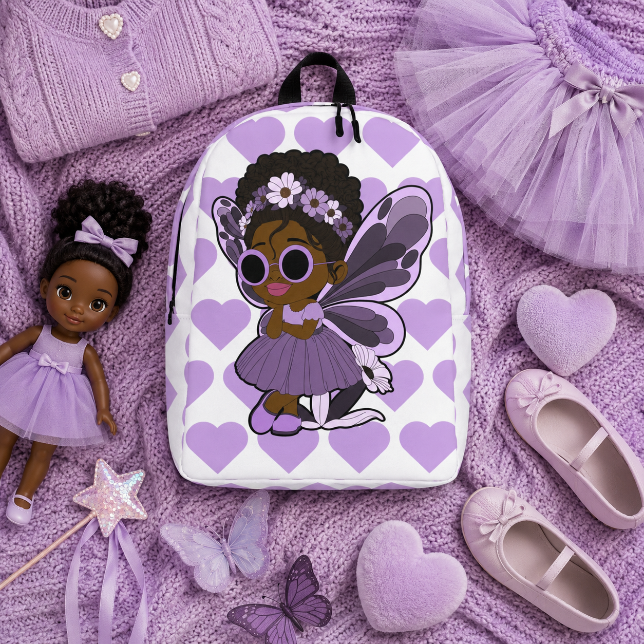 Coco Pixies Marvelous Mia girls backpack featuring a Black pixie with an afro puff, floral crown and purple butterfly wings