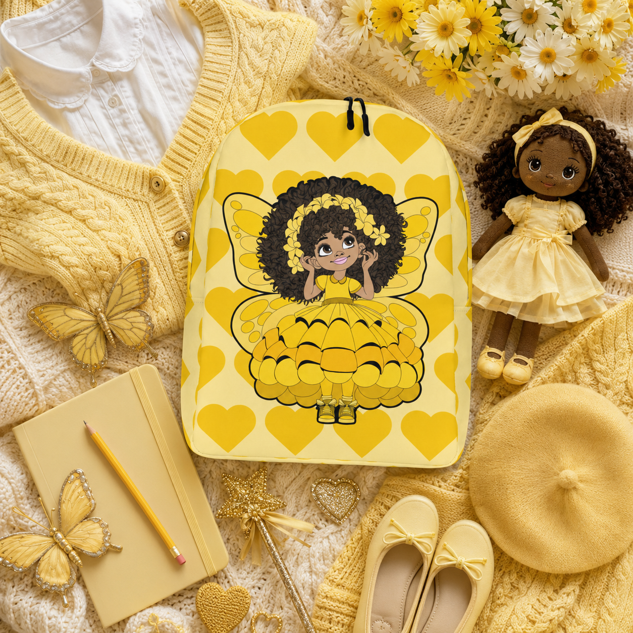 Blissful Brandie Pixie Backpack by Coco Pixies with golden yellow hearts, curly-haired Black girl pixie and yellow wings