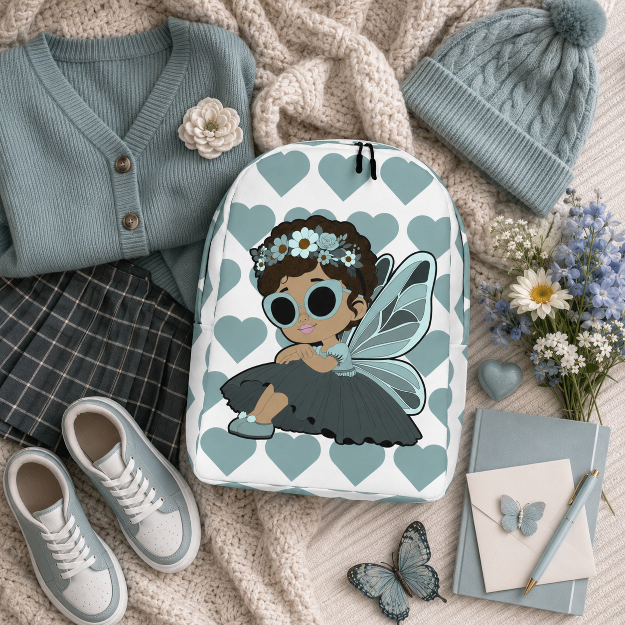 Coco Pixies Pixie Piper Backpack featuring a Black girl pixie, aqua hearts, sunglasses, and floral details