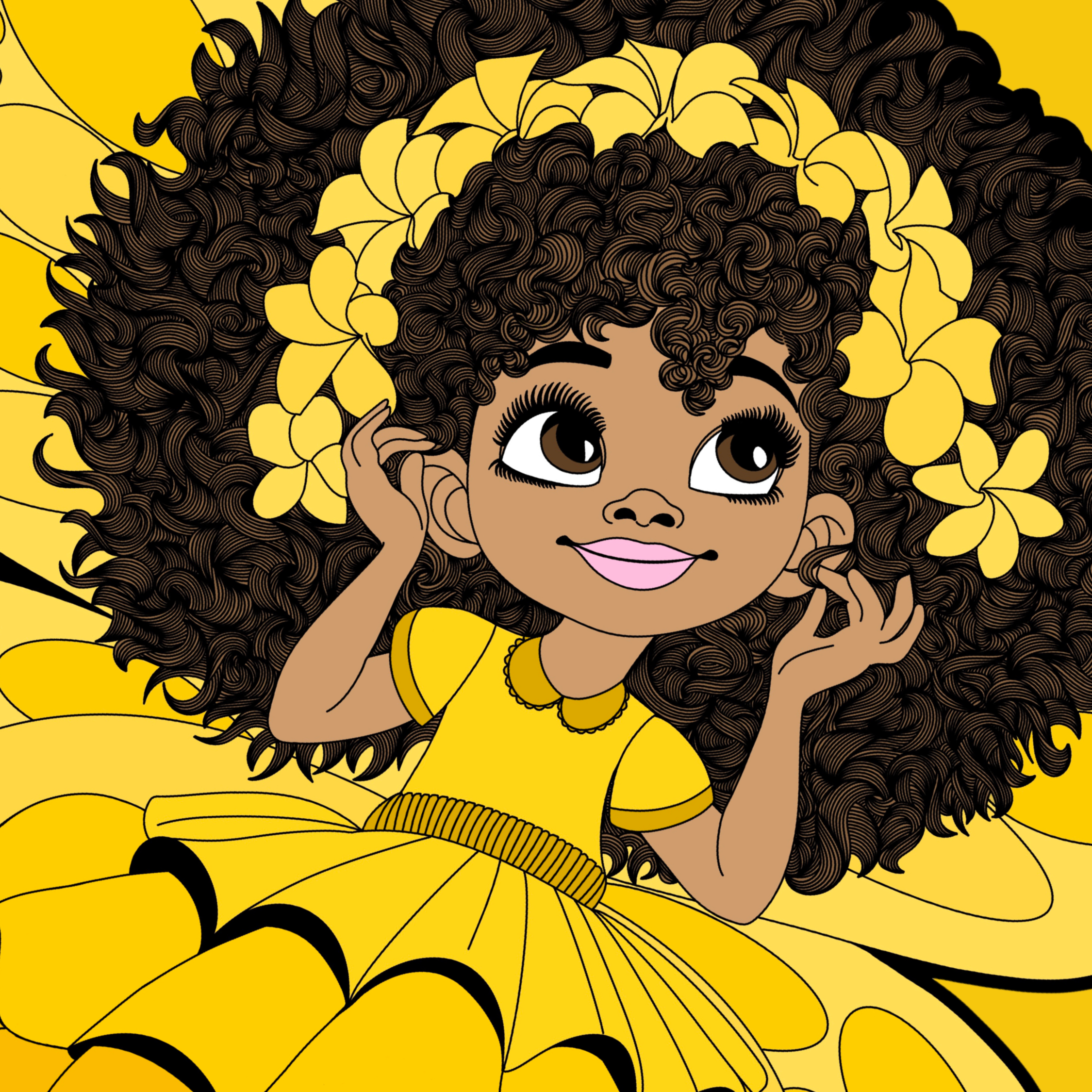 Blissful Brandie, an original hand-drawn Black girl pixie with voluminous natural curls, yellow flowers, a golden dress, and yellow butterfly wings.