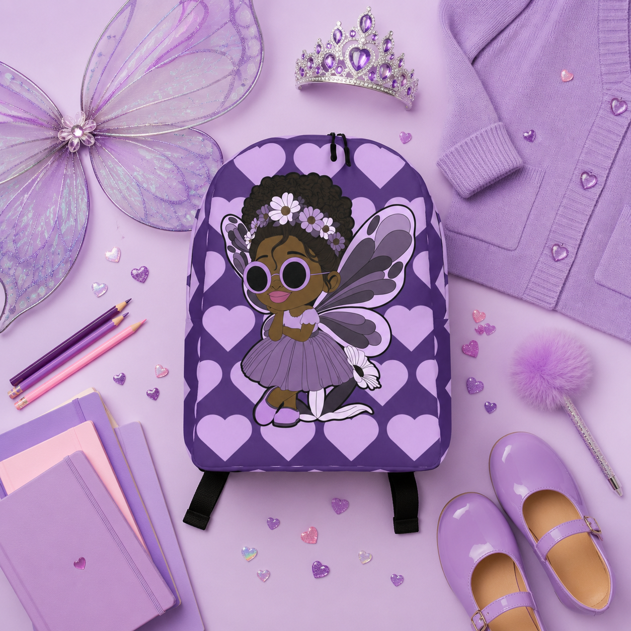 Coco Pixies Marvelous Mia purple backpack featuring a Black pixie with an afro puff, floral crown and lavender wings