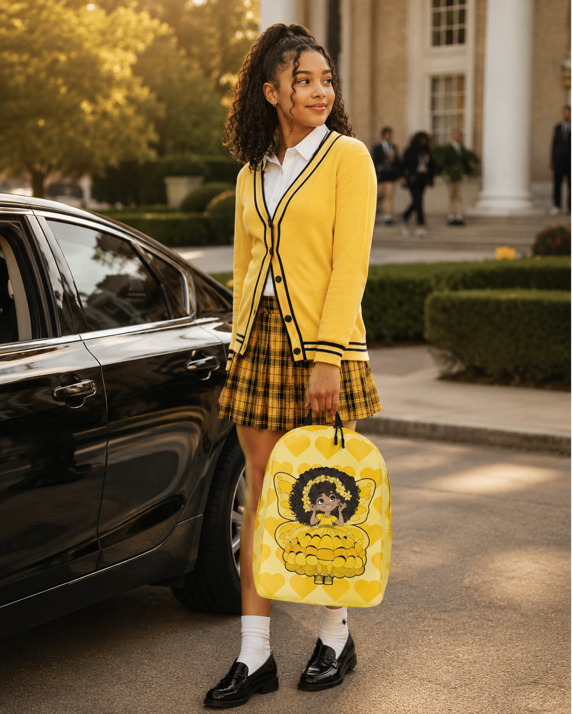 Blissful Brandie Pixie Backpack by Coco Pixies with golden yellow hearts, curly-haired Black girl pixie and yellow wings