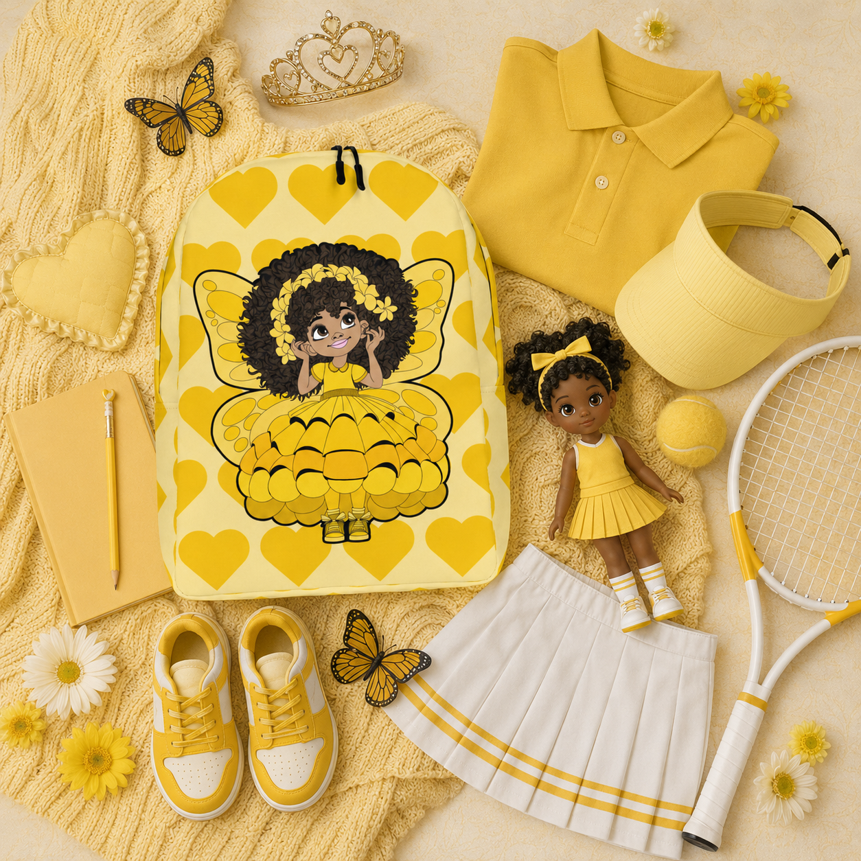 Blissful Brandie Pixie Backpack by Coco Pixies with golden yellow hearts, curly-haired Black girl pixie and yellow wings