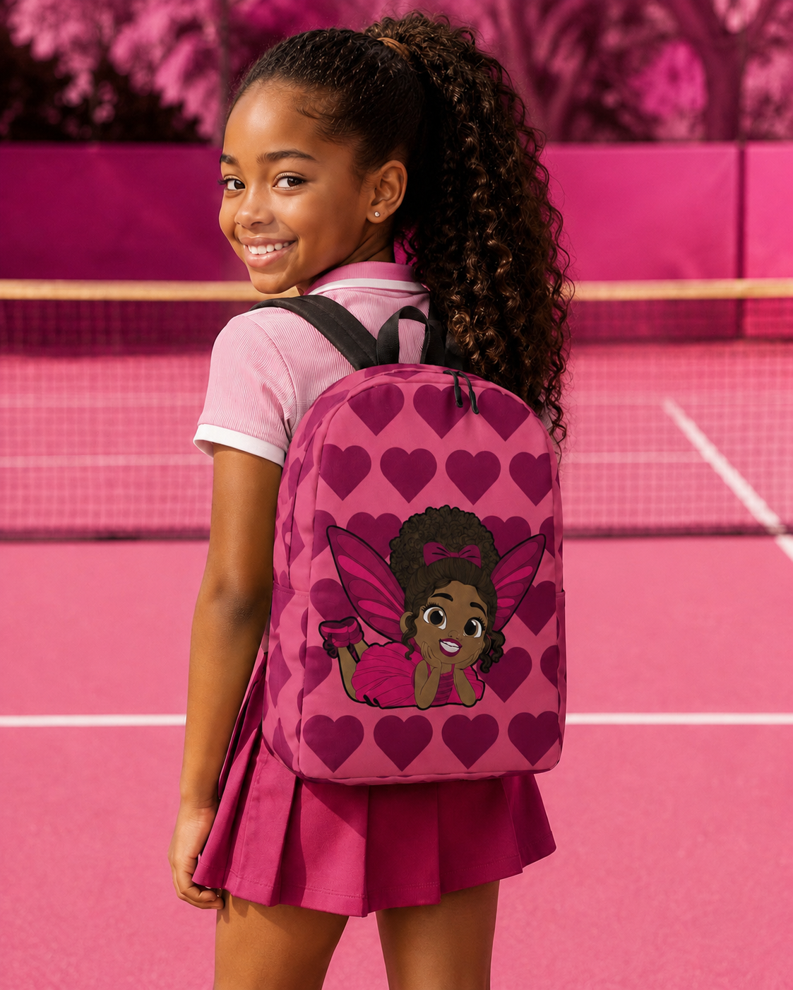 Coco Pixies Happy Harper backpack featuring a Black girl pixie with curly hair and deep rose hearts