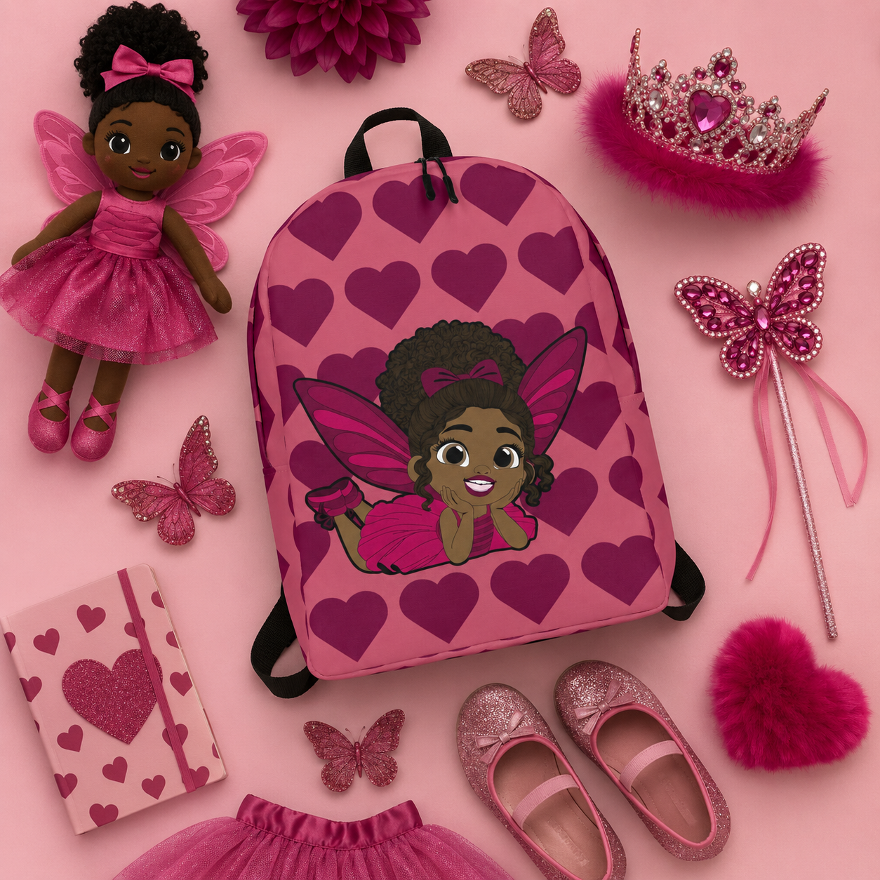 Coco Pixies Happy Harper backpack featuring a Black girl pixie with curly hair and deep rose hearts