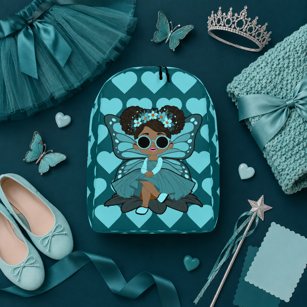 Coco Pixies Sassy Sammy backpack featuring a Black pixie character and deep teal signature heart pattern