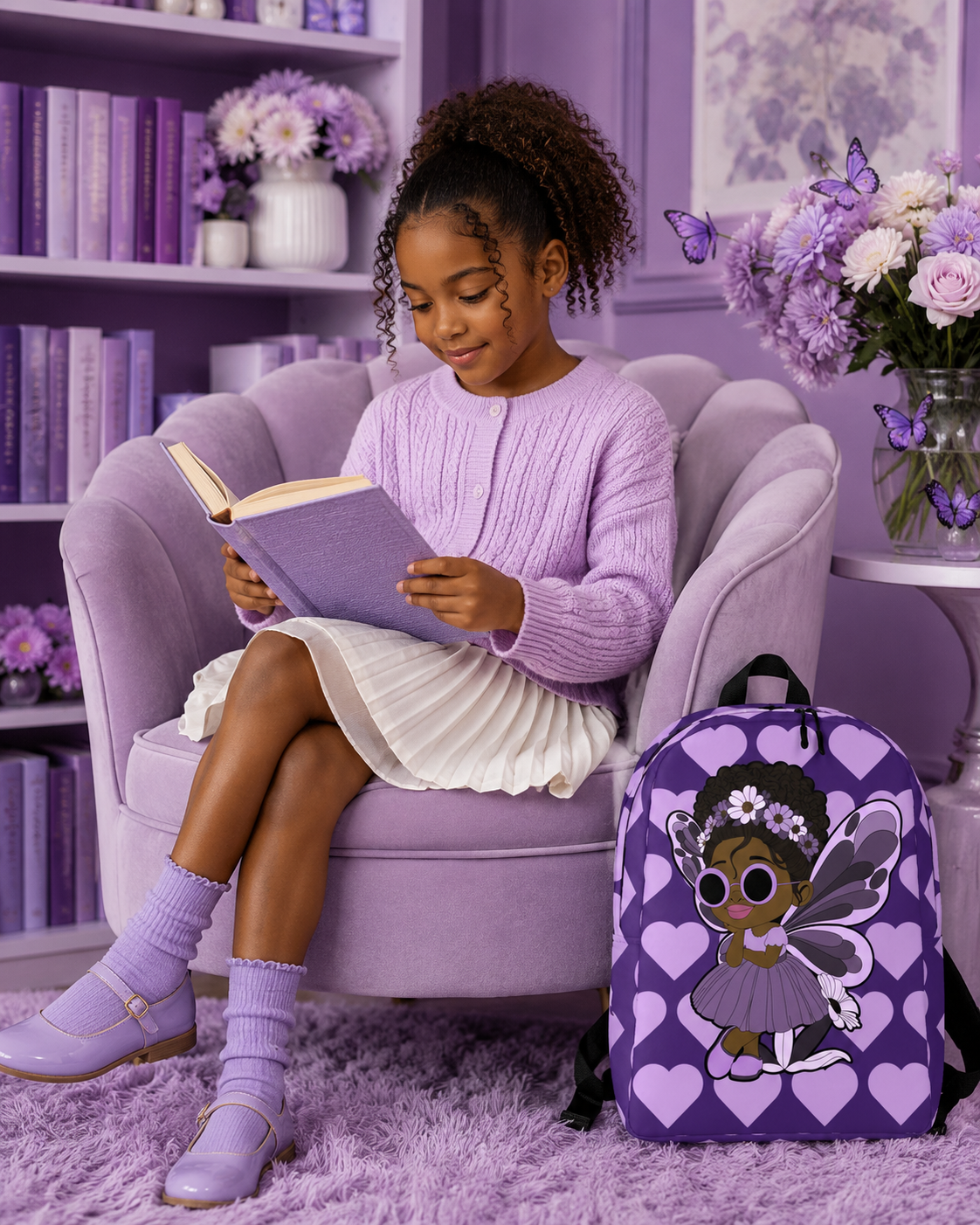 Coco Pixies Marvelous Mia purple backpack featuring a Black pixie with an afro puff, floral crown and lavender wings