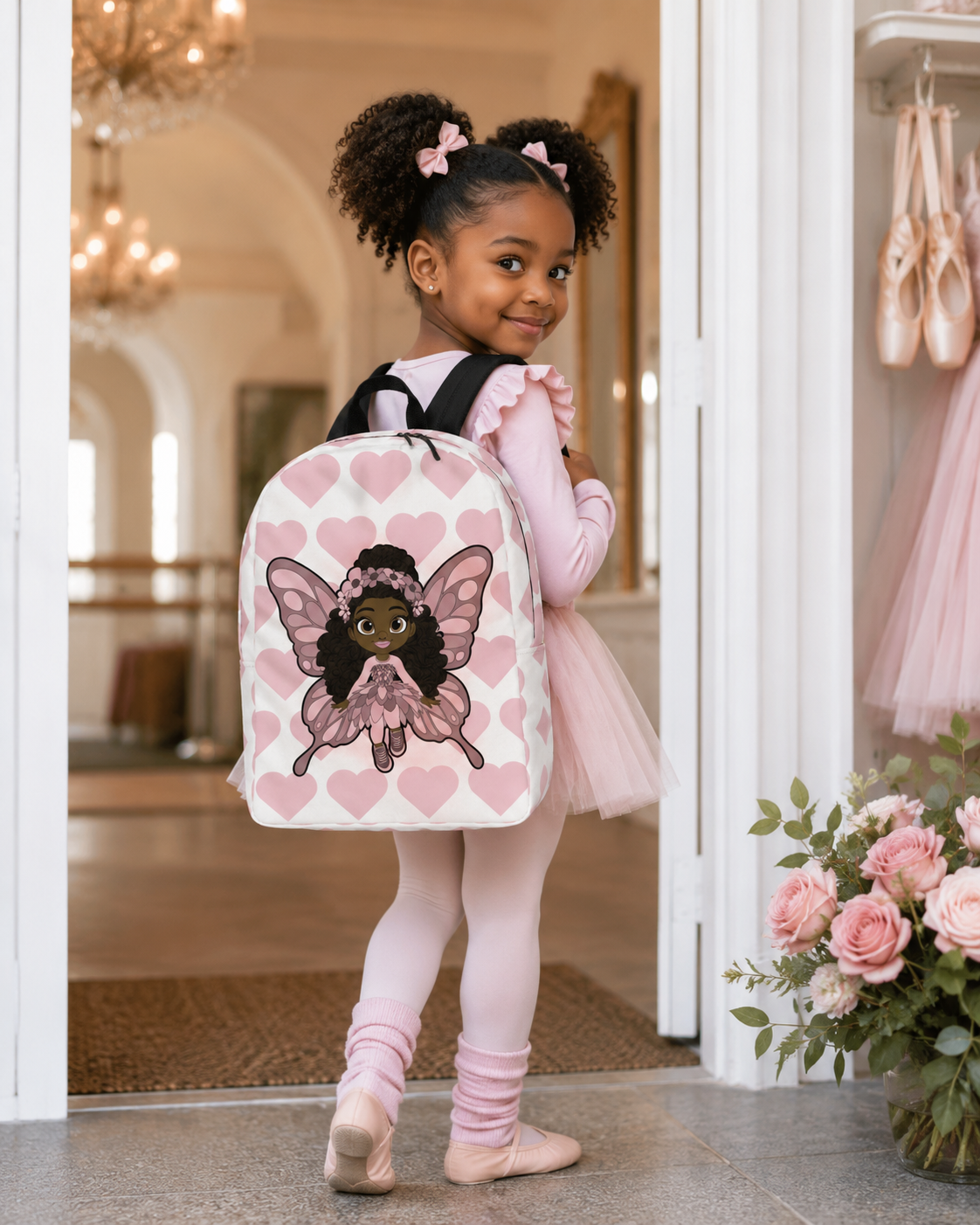 Coco Pixies Penelope Pixie Backpack featuring a Black girl character and blush pink hearts on a white background