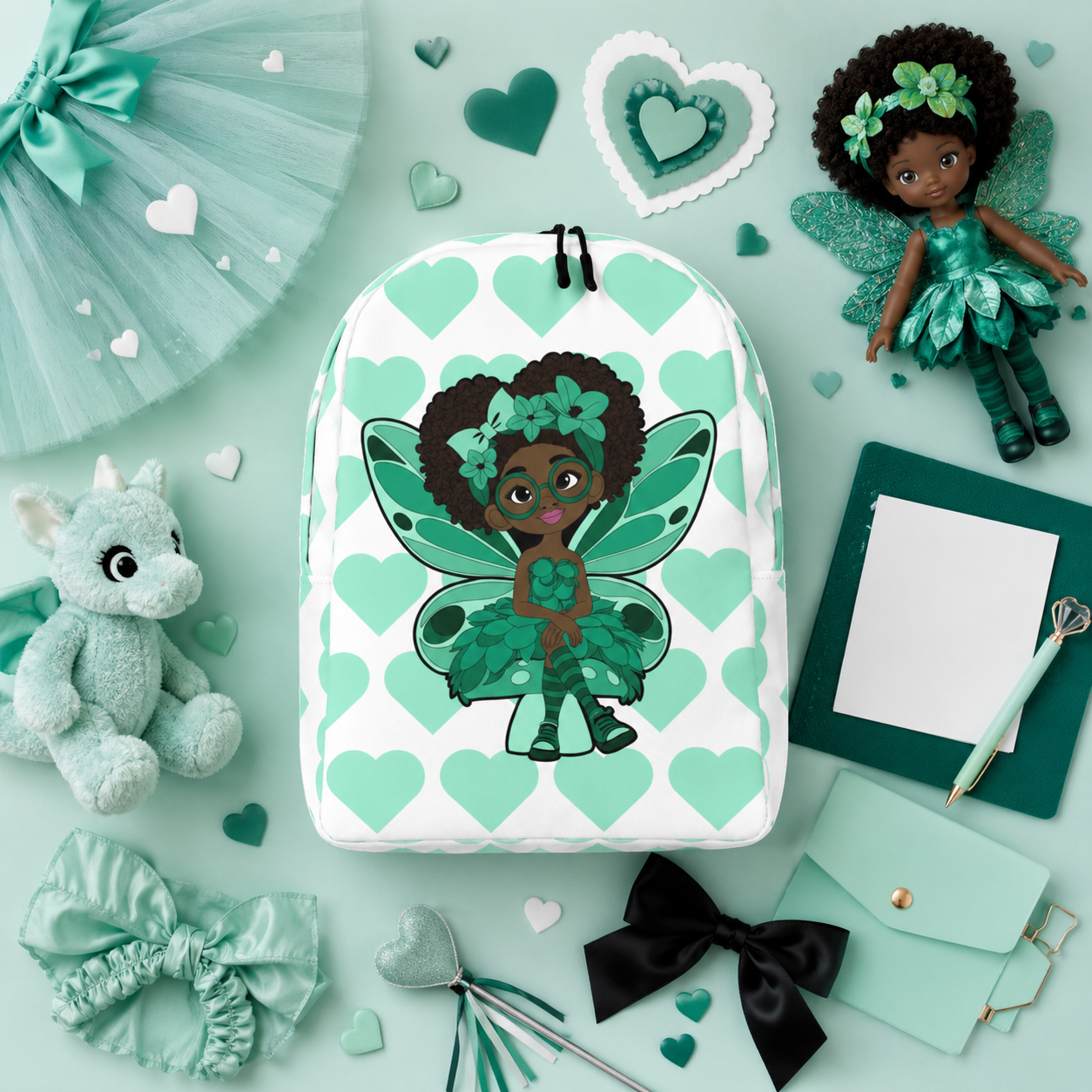 Brilliant Bailey Pixie Backpack by Coco Pixies featuring a Black girl pixie with a curly afro, green wings and a mint heart pattern.