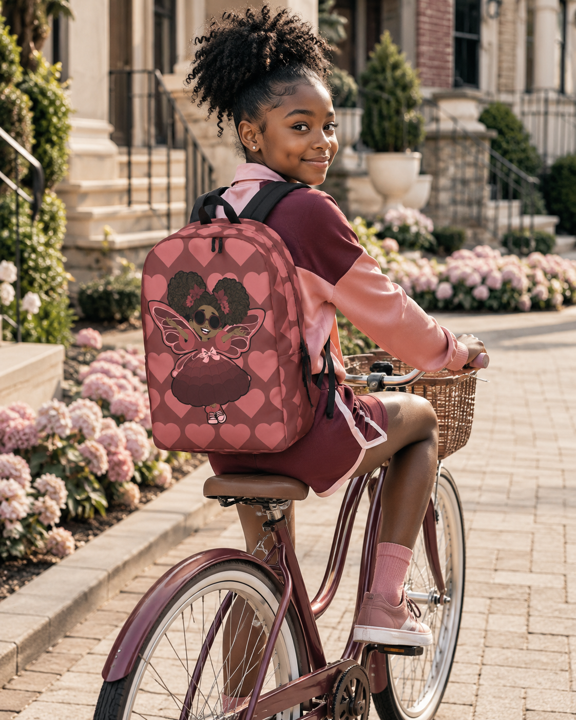 Coco Pixies Radiant Ruby backpack with curly afro puffs, sunglasses and burgundy signature heart print