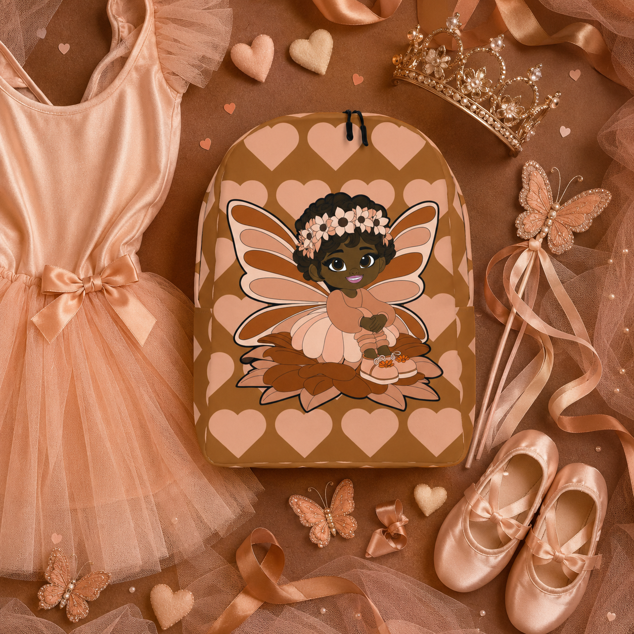 Coco Pixies Sweet Sienna school backpack featuring a Black pixie, floral crown, wings, and mocha heart pattern