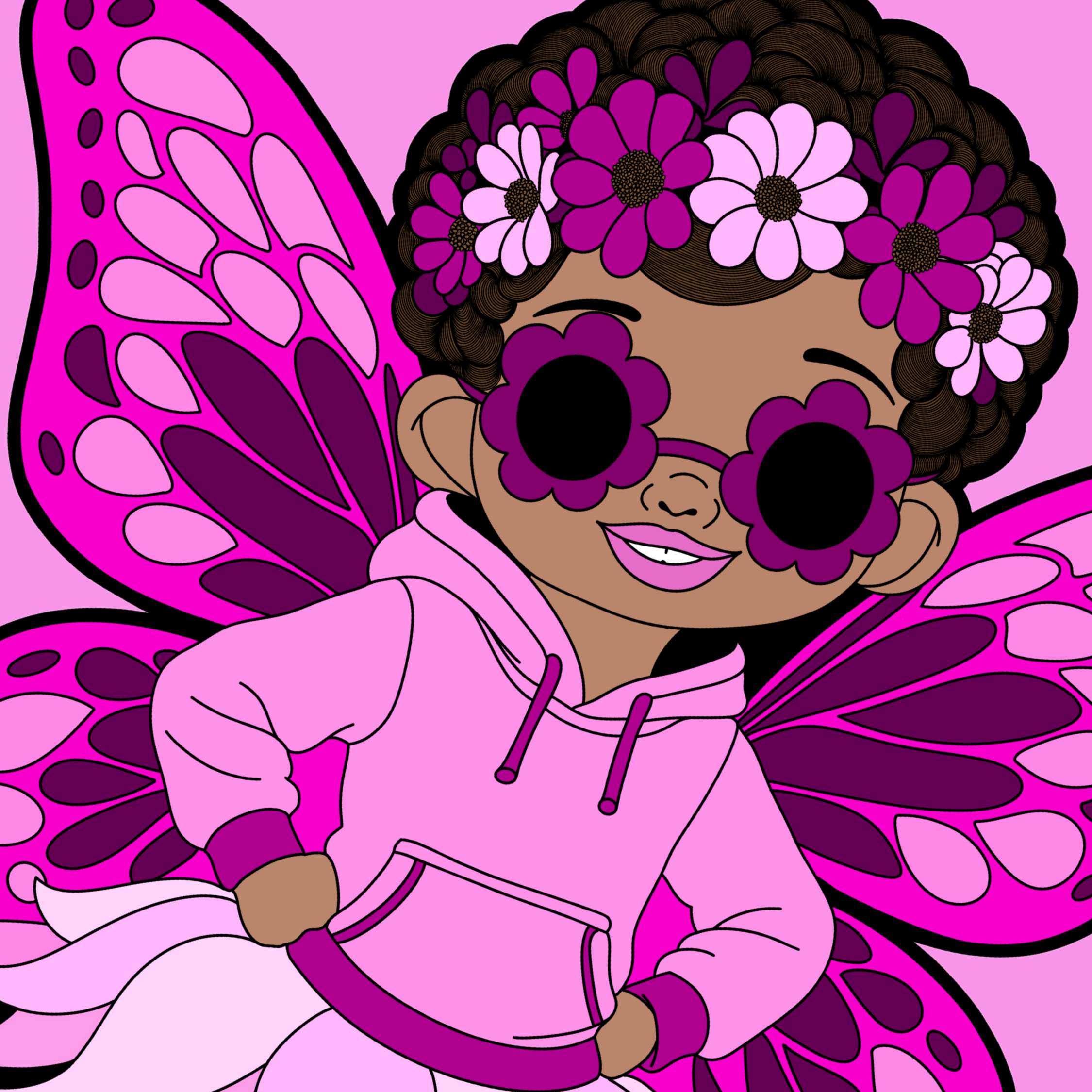 Teonna Twinklepuff Pixie, an original hand-drawn Black girl pixie with flower shaped sunglasses and a pink floral crown, wears a pink hoodie, petal skirt, polka dot tights and plum high top sneakers with magenta wings.