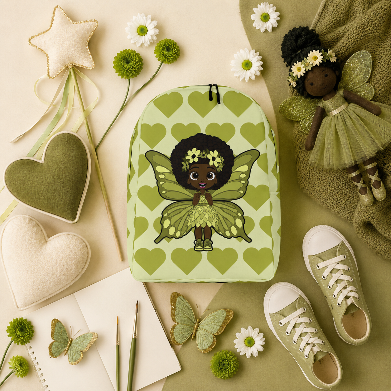 Cheerful Charlotte Pixie Backpack by Coco Pixies featuring a Black girl pixie with natural curls, soft green wings and a soft green signature heart pattern.