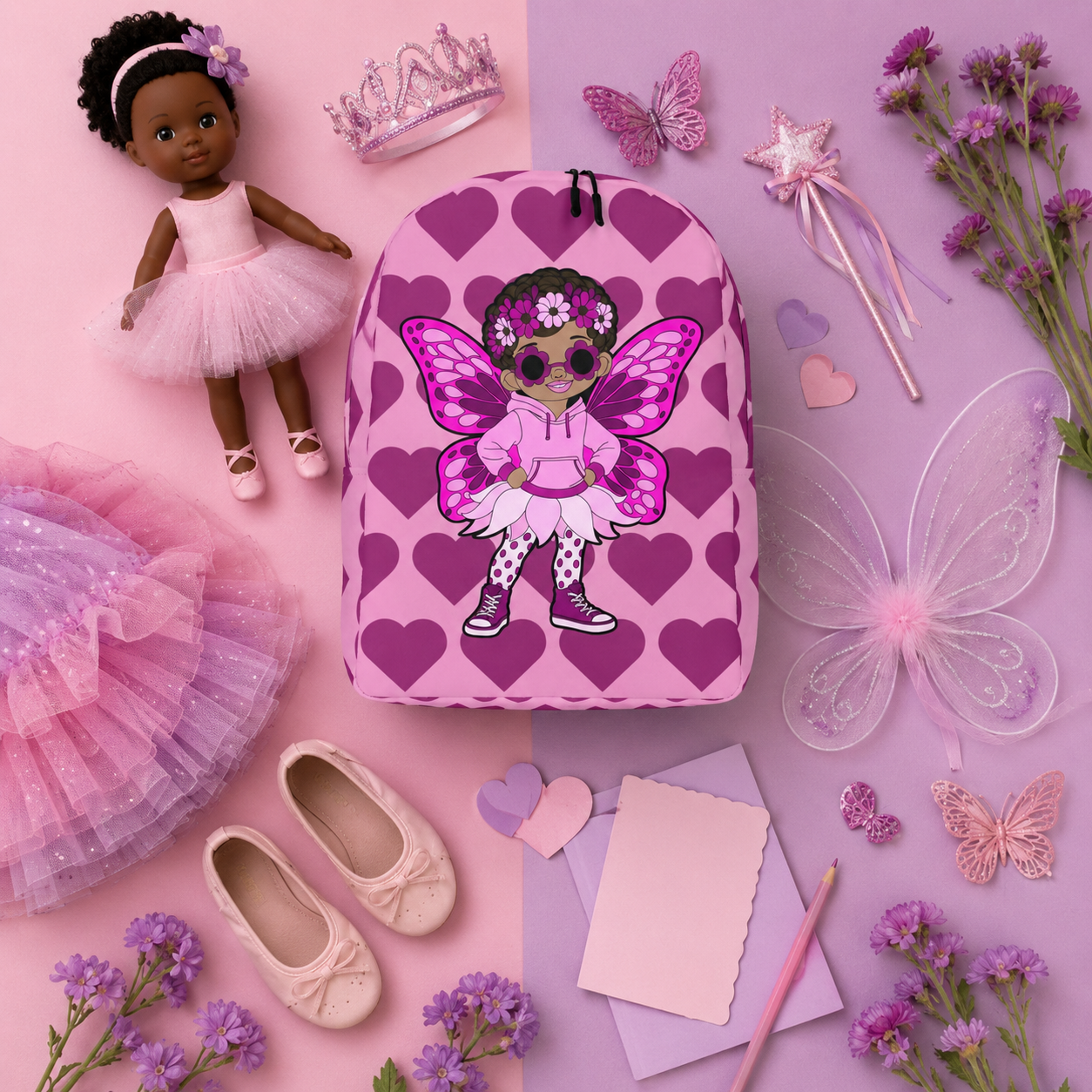 Coco Pixies Teonna Twinklepuff backpack featuring a Black girl pixie with curly puffs, pink wings and berry hearts.