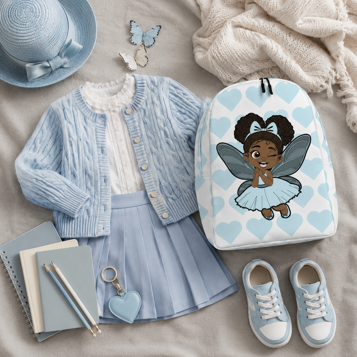 Gleeful Grace Pixie Backpack by Coco Pixies with aqua hearts, afro puffs, wings, and a white background