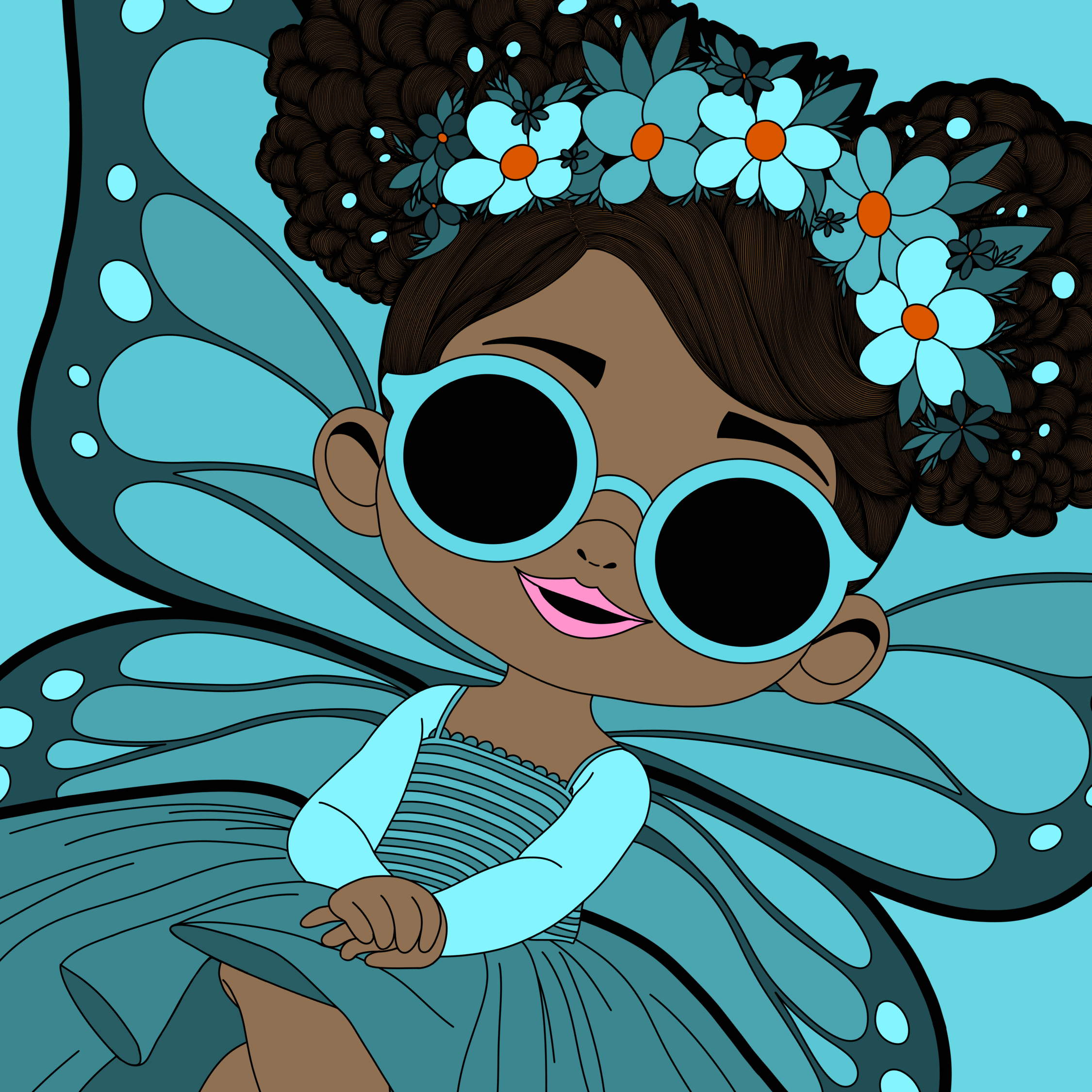Sassy Emmy Pixie, an orginal hand-drawn Black girl pixie with two afro puffs, an aqua floral crown and oversized sunglasses, sits with her legs crossed on a dark flower in a teal dress with matching wings and shoes.