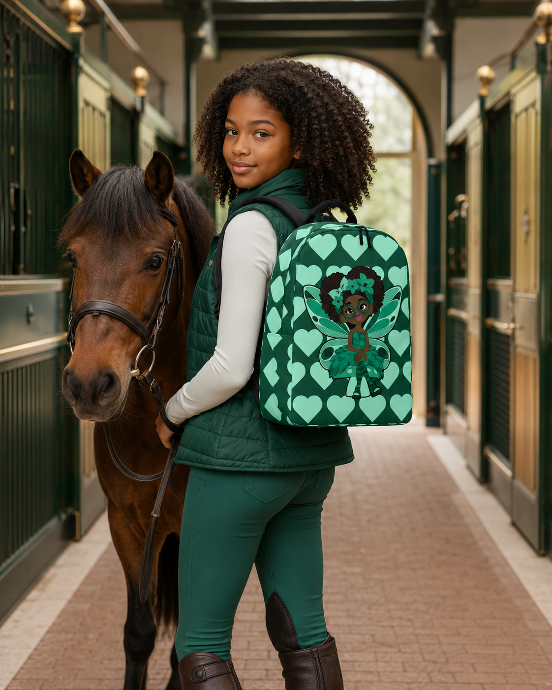 Brilliant Bailey Pixie Backpack by Coco Pixies featuring a Black girl pixie with a curly afro, green wings and mint hearts on emerald green.