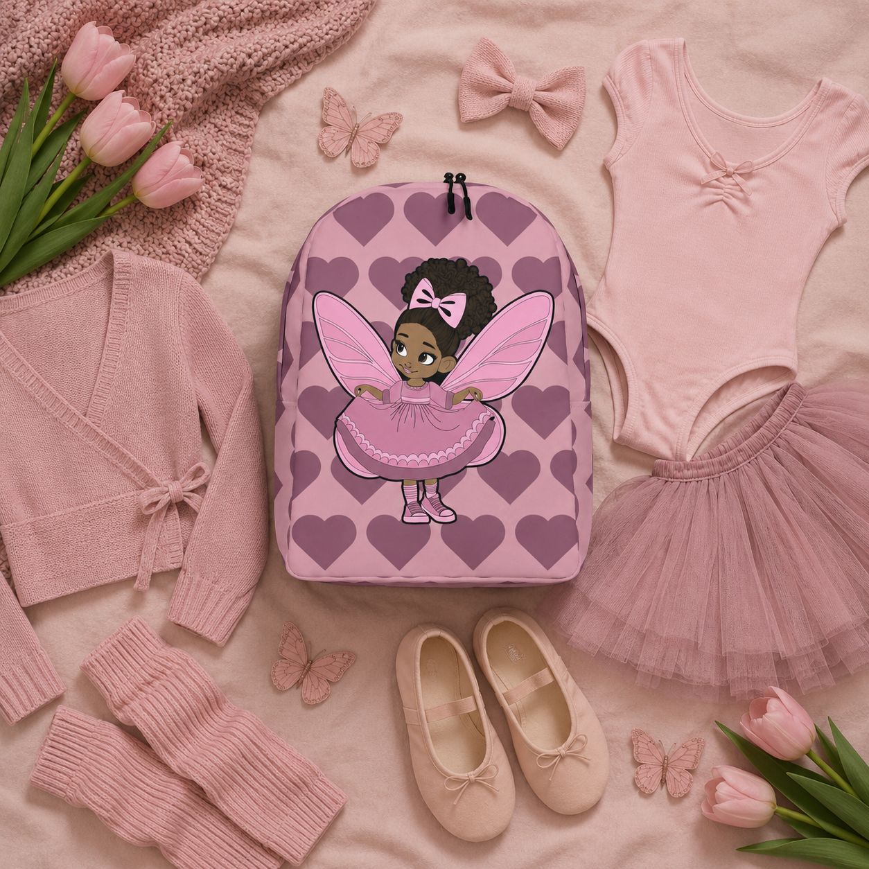 Coco Pixies Darling Daphne backpack with a curly afro puff character, pink wings and mauve hearts.