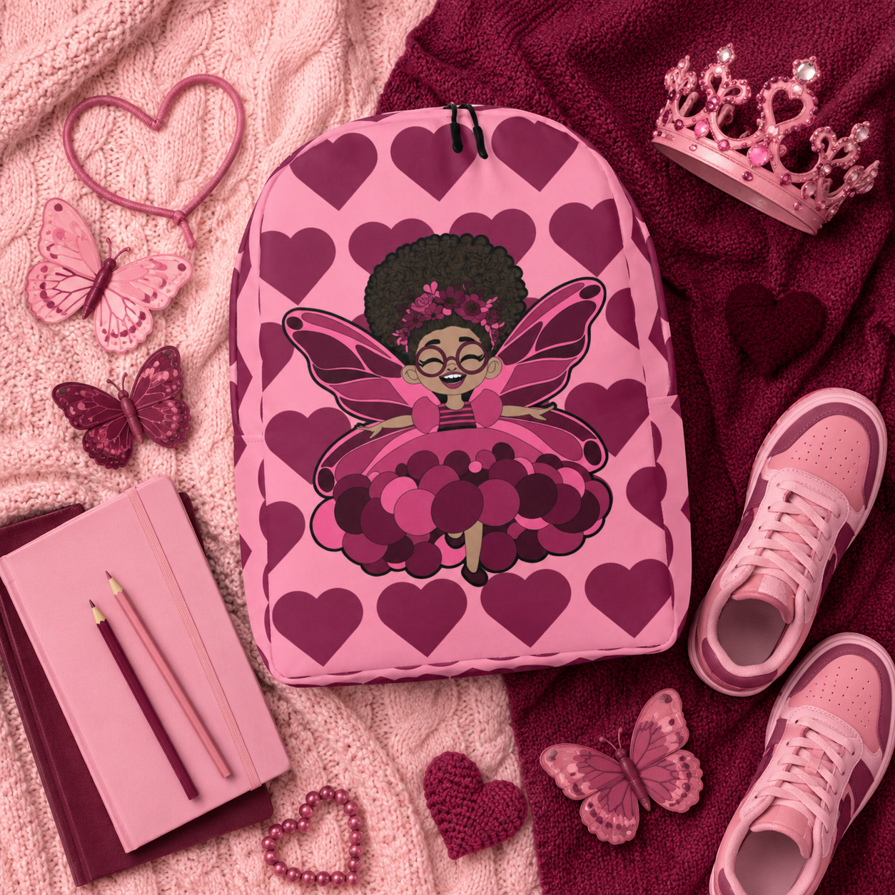 Coco Pixies Delightful Daisy backpack featuring a Black girl pixie and Berry Pink Signature Heart Pattern