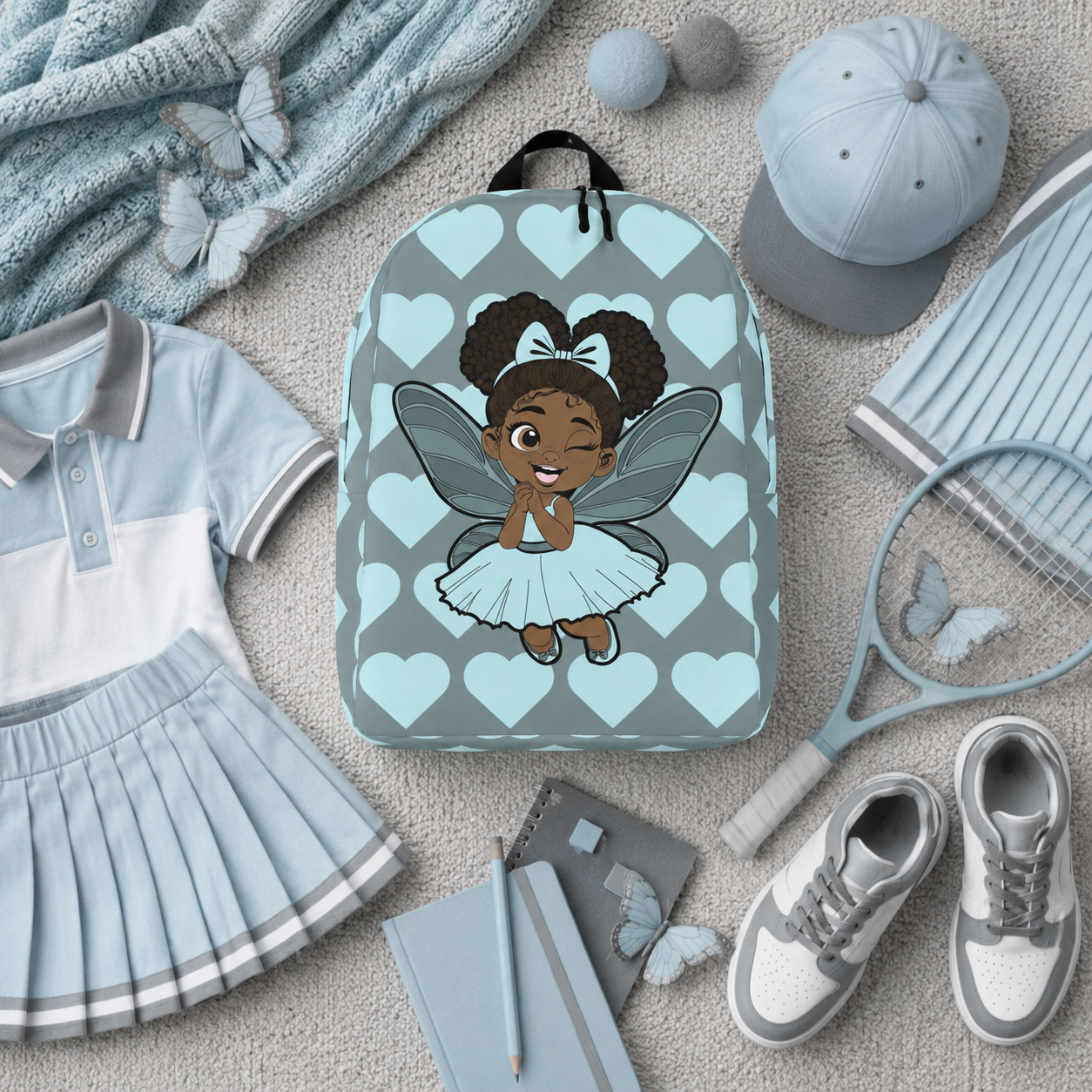 Gleeful Grace Pixie Backpack by Coco Pixies with icy blue hearts, afro puffs, wings, and gray background