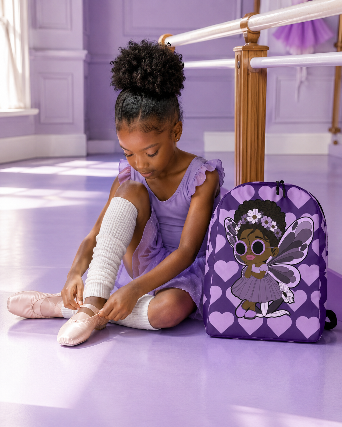 Coco Pixies Marvelous Mia purple backpack featuring a Black pixie with an afro puff, floral crown and lavender wings