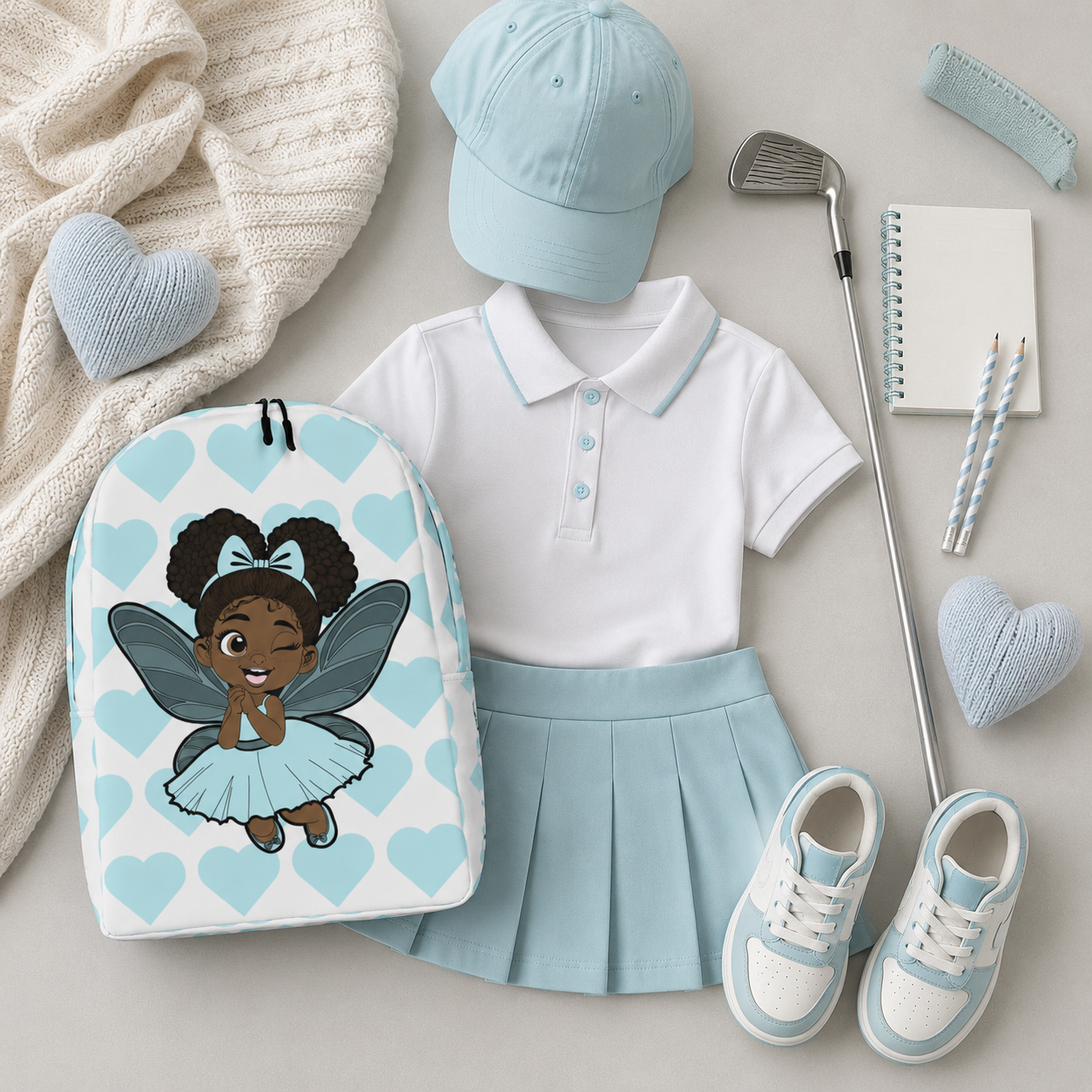 Gleeful Grace Pixie Backpack by Coco Pixies with aqua hearts, afro puffs, wings, and a white background