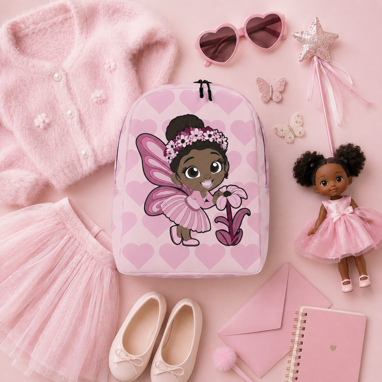 Coco Pixies Tara Twinkle girls backpack featuring a Black pixie, pink wings and blush heart pattern