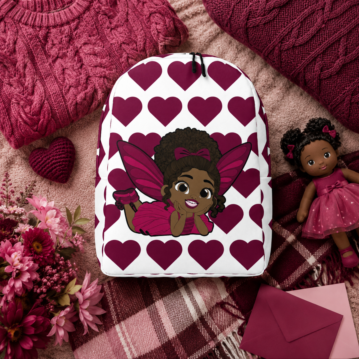 Coco Pixies Happy Harper backpack featuring a Black girl pixie with curly hair, pink wings, and burgundy hearts