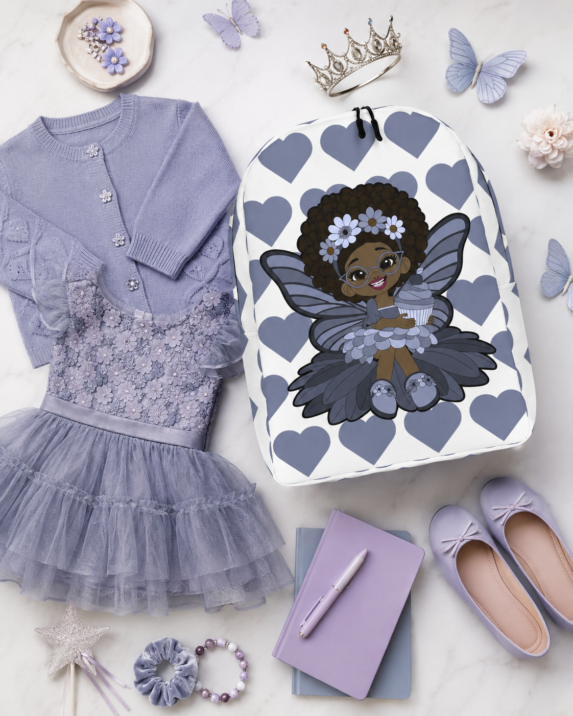 Bubbly Brooke Pixie Backpack by Coco Pixies with a Black girl pixie, cupcake and slate-blue signature heart pattern