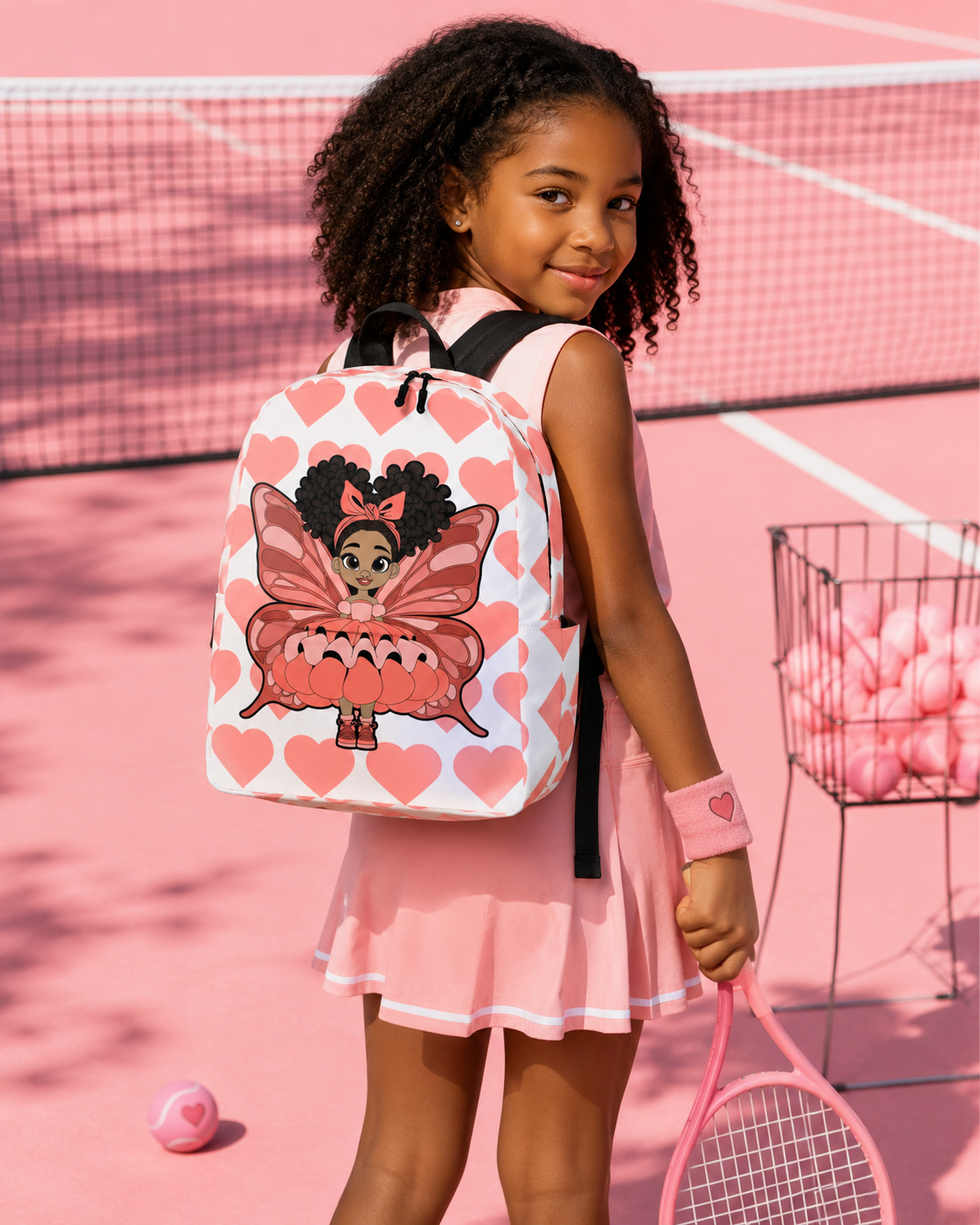 Coco Pixies Lovely Layla children’s backpack featuring a Black girl pixie and coral Signature Heart Pattern