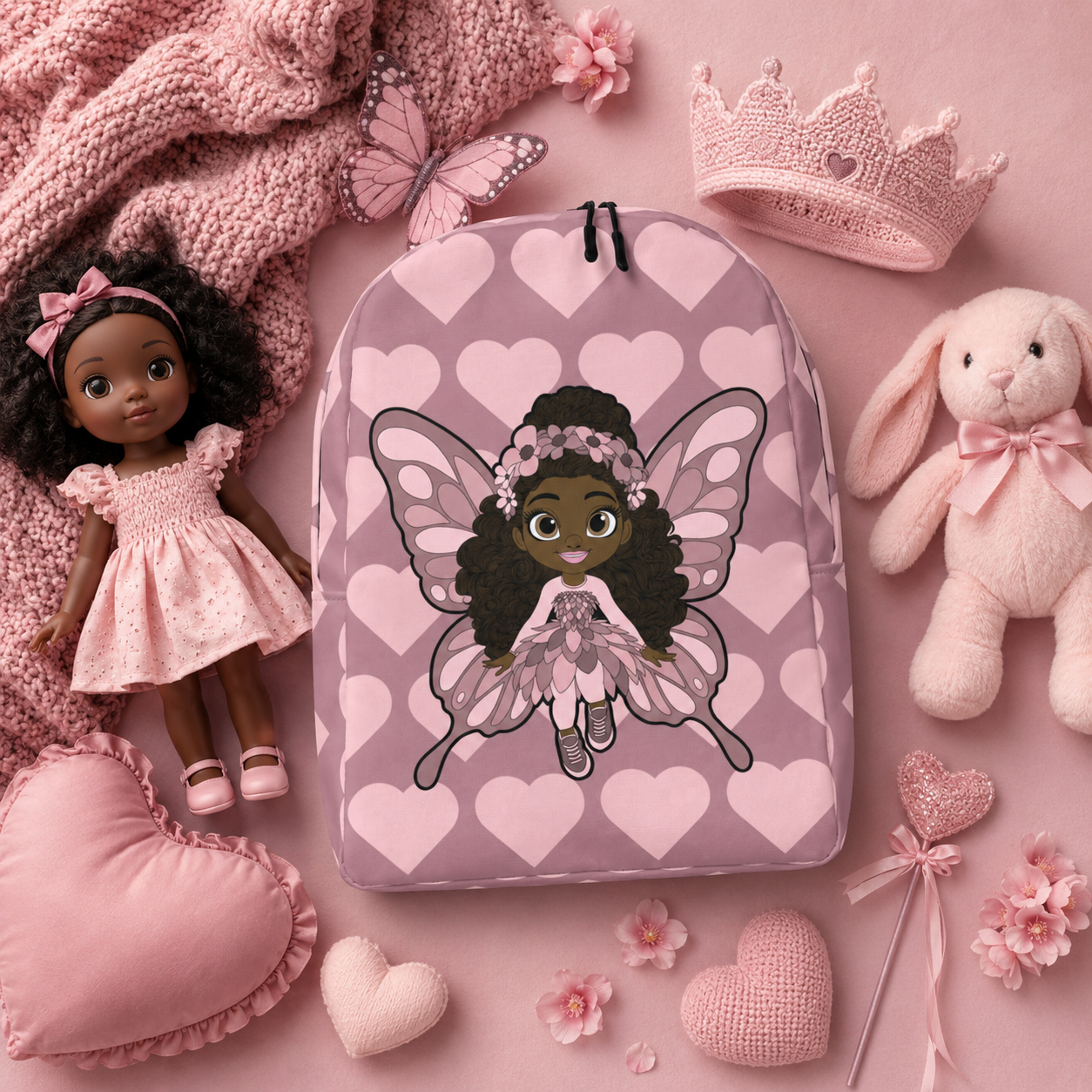 Coco Pixies Penelope Pixie Backpack featuring textured curls, pink wings and blush hearts on dusty rose