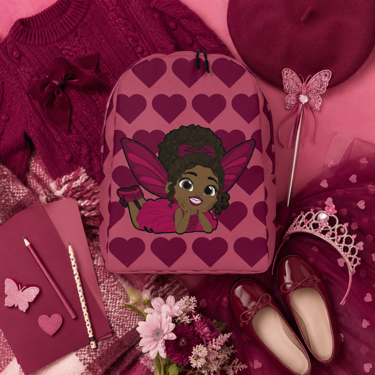 Coco Pixies Happy Harper backpack featuring a Black girl pixie with curly hair and deep rose hearts