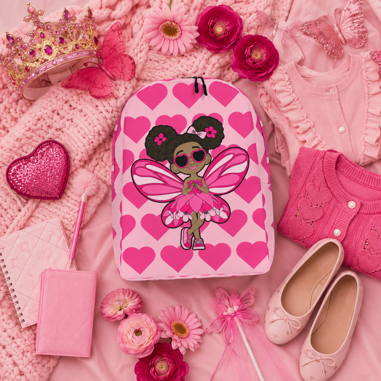 Coco Pixies Glitzy Gracelynn backpack featuring a Black pixie and bubblegum pink signature heart pattern