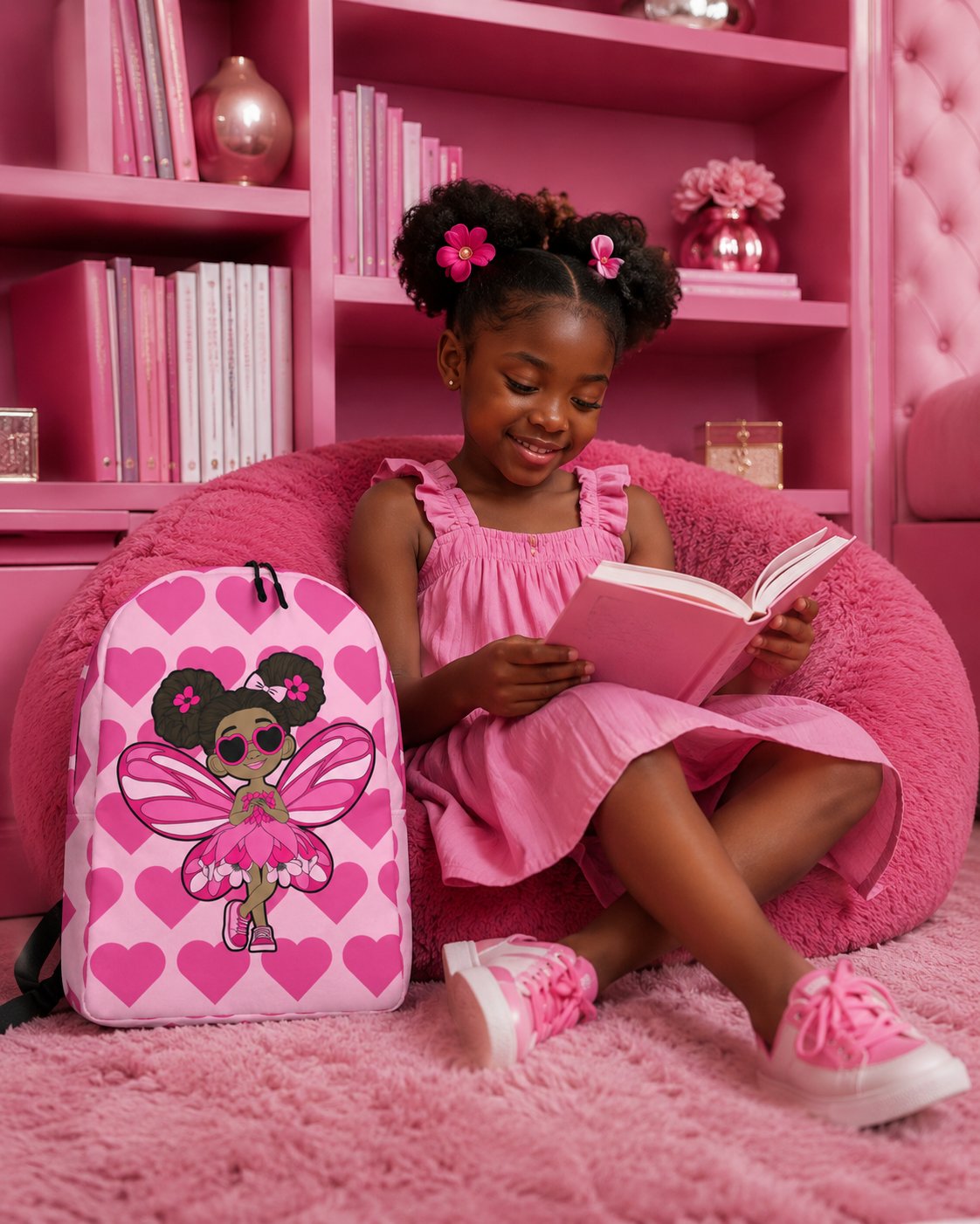 Coco Pixies Glitzy Gracelynn backpack featuring a Black pixie and bubblegum pink signature heart pattern