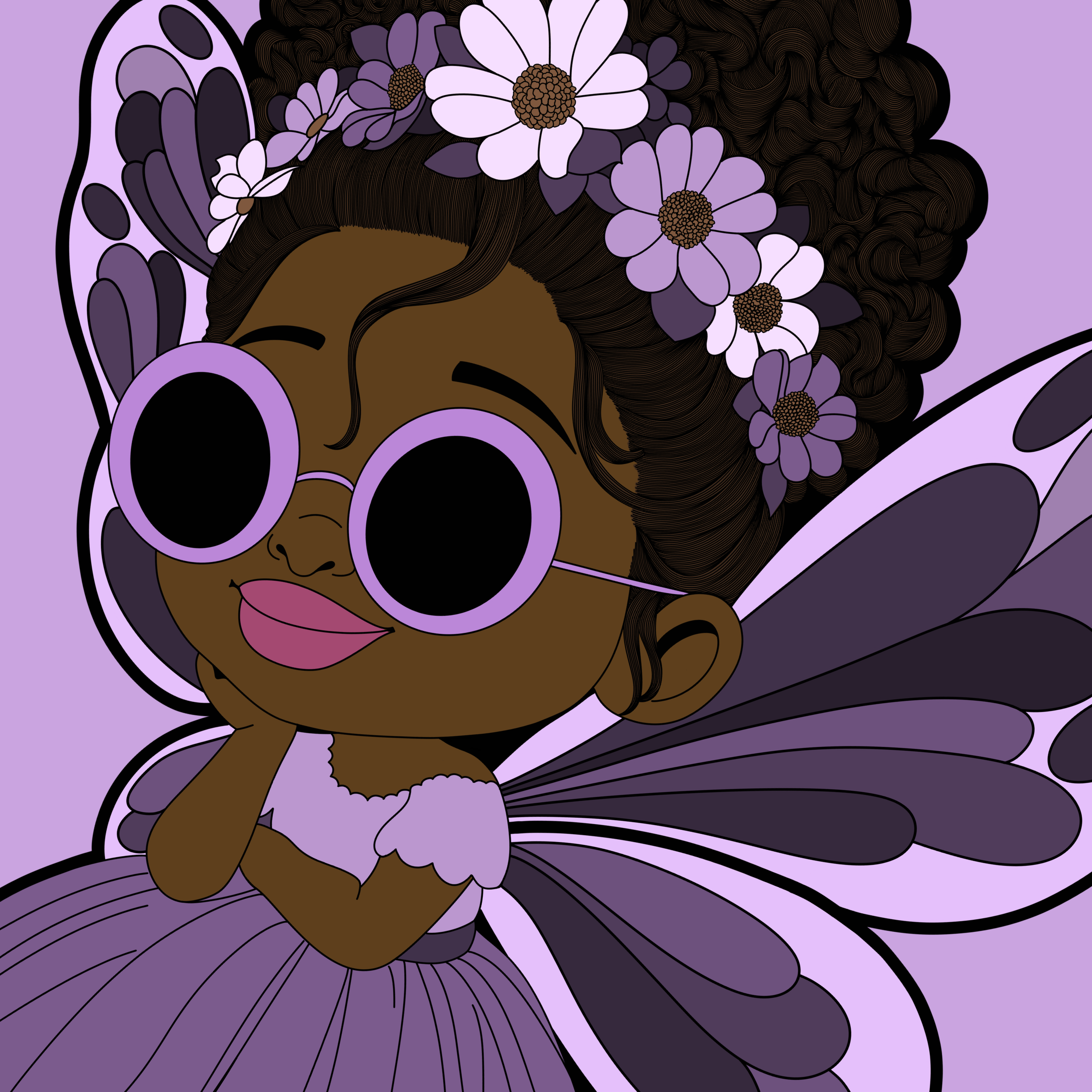 Marvelous Mia, an original hand-drawn Black girl pixie with deep brown skin, a high curly puff, purple floral crown, lavender sunglasses, patterned purple butterfly wings and a lavender tutu dress, sitting with her shin resting in one hand.