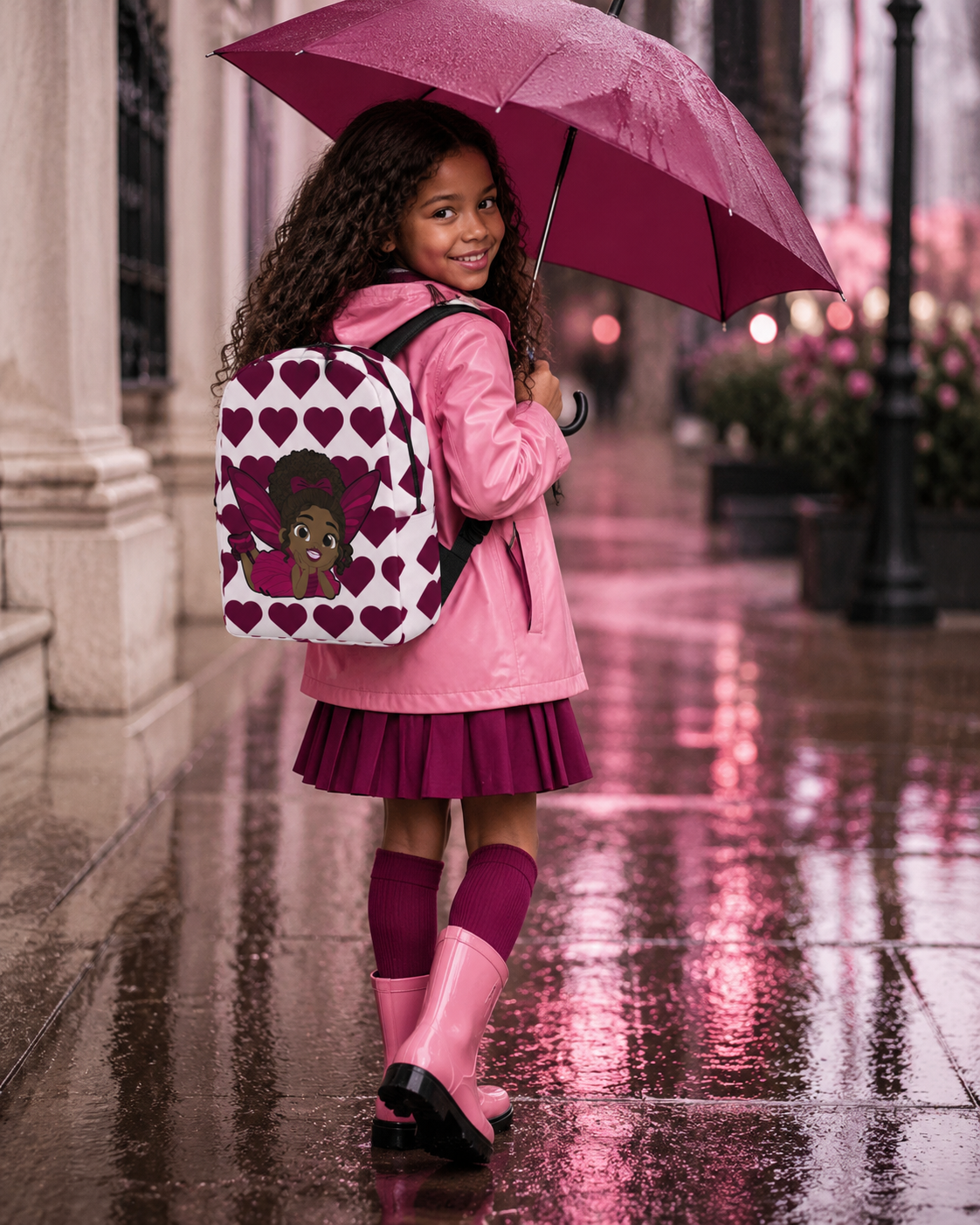 Coco Pixies Happy Harper backpack featuring a Black girl pixie with curly hair, pink wings, and burgundy hearts