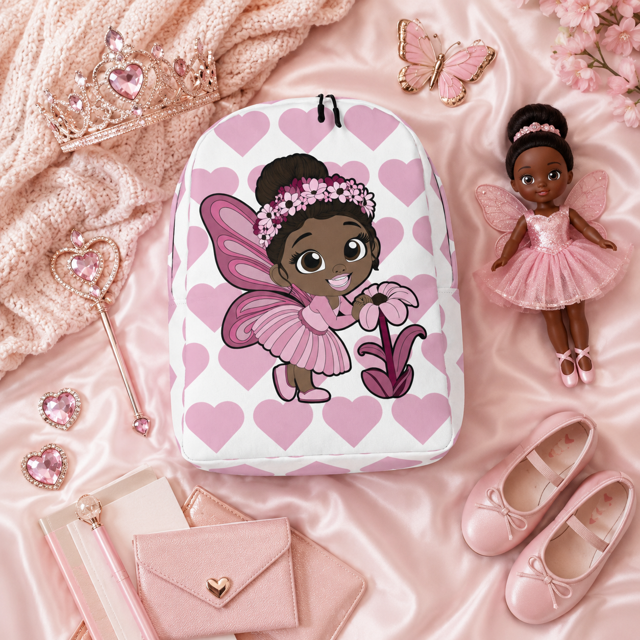 Coco Pixies Tara Twinkle backpack featuring a Black pixie, pink wings, flower crown and heart pattern