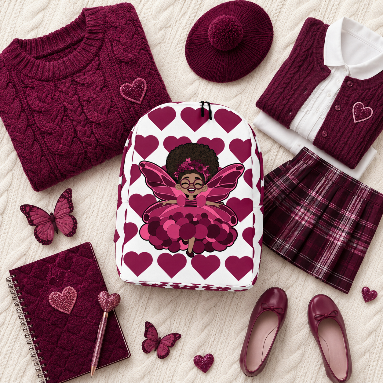 Coco Pixies Delightful Daisy backpack featuring a Black girl pixie and berry Signature Heart Pattern